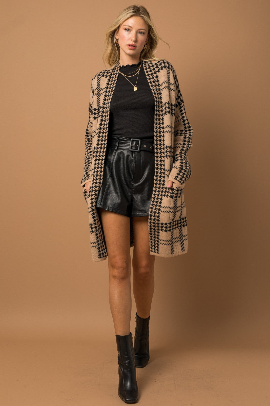 Mocha Houndstooth Long Cardigan