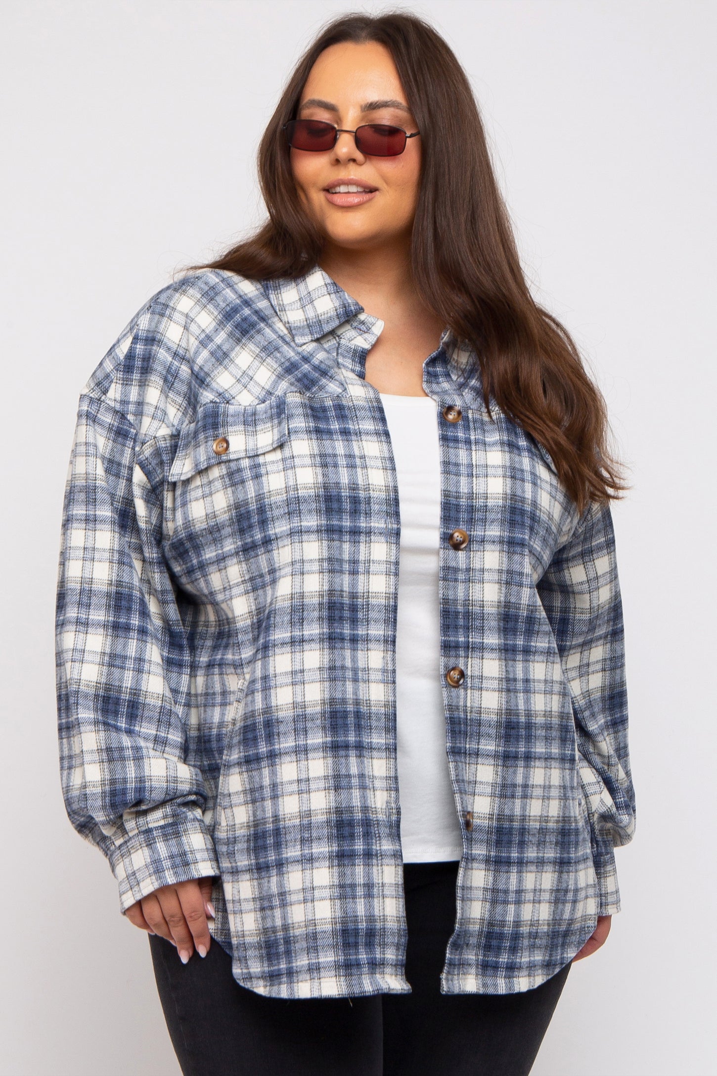 Navy Blue Flannel Plaid Button Up Plus Shacket