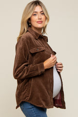 Brown Corduroy Plaid Fleece Lined Button Down Maternity Shacket