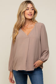 Mocha Long Puff Sleeve Maternity Blouse Top