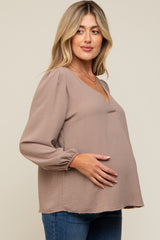 Mocha Long Puff Sleeve Maternity Blouse Top