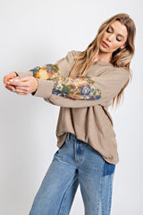 Mocha Waffle Knit Contrast Sleeve Maternity Top