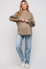 Mocha Waffle Knit Contrast Sleeve Maternity Top