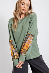 Olive Waffle Knit Contrast Sleeve Maternity Top