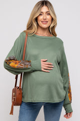 Olive Waffle Knit Contrast Sleeve Maternity Top