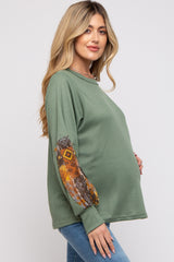 Olive Waffle Knit Contrast Sleeve Maternity Top