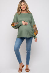 Olive Waffle Knit Contrast Sleeve Maternity Top