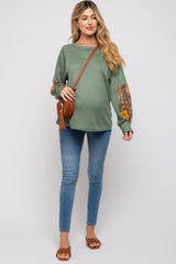 Olive Waffle Knit Contrast Sleeve Maternity Top