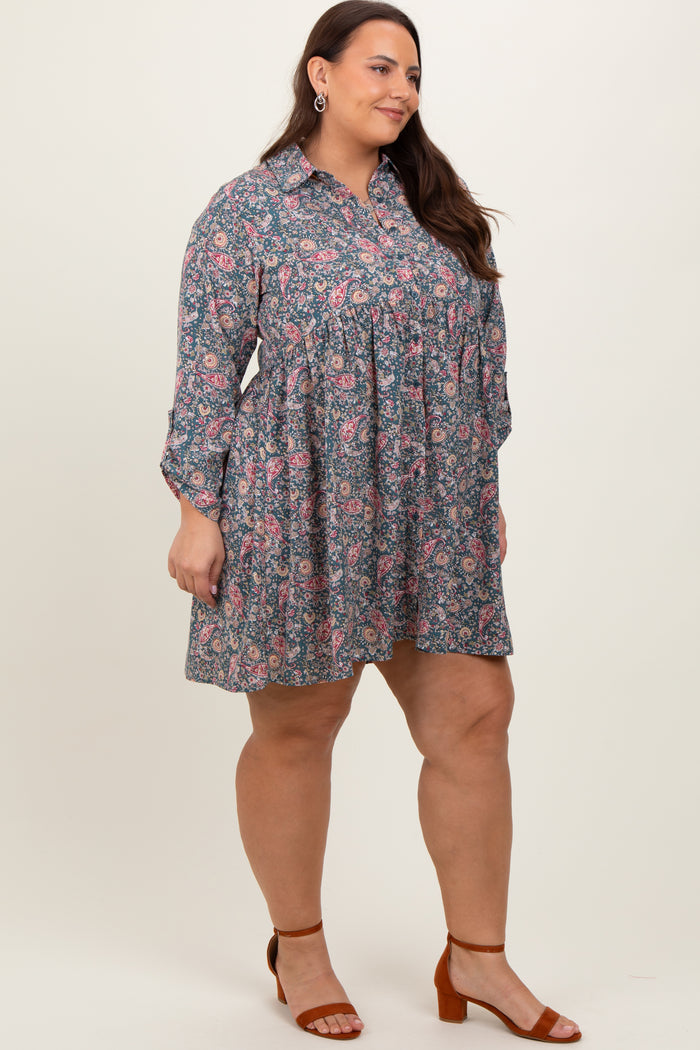 Teal Floral Paisley Button Up Plus Dress