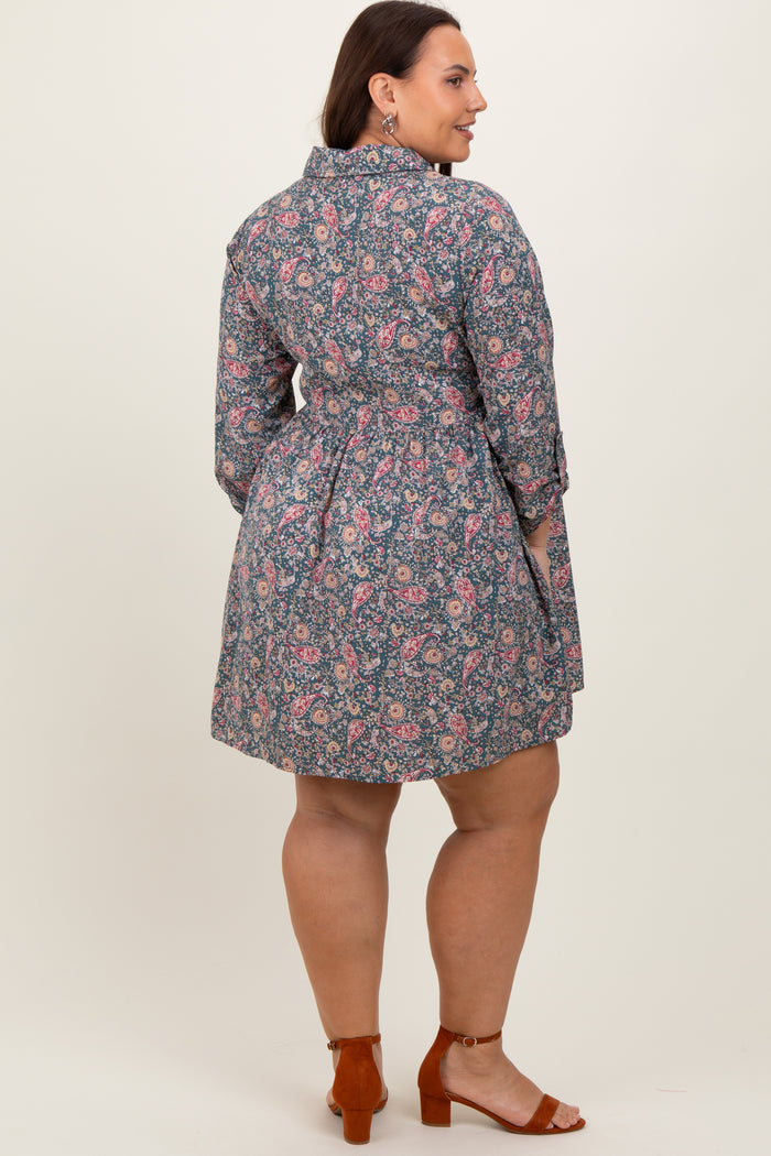 Teal Floral Paisley Button Up Plus Dress