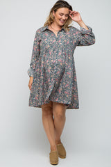 Teal Floral Paisley Button Up Maternity Plus Dress