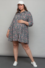 Teal Floral Paisley Button Up Maternity Plus Dress