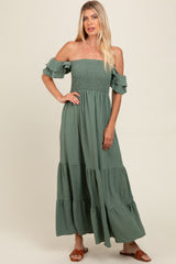 Olive Smocked Ruffle Off Shoulder Tiered Maxi Dress