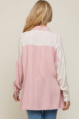 Light Pink Color Block Button Up Linen Maternity Top