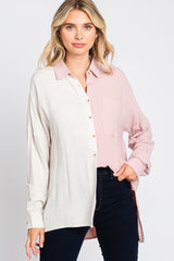 Light Pink Color Block Button Up Linen Maternity Top