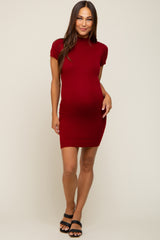 Burgundy Knit Mock Neck Fitted Maternity Dress