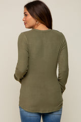 Olive Button Front Soft Knit Long Sleeve Henley Maternity Top