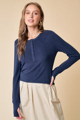 Navy Button Front Soft Knit Long Sleeve Henley Maternity Top