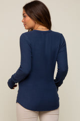 Navy Button Front Soft Knit Long Sleeve Henley Maternity Top