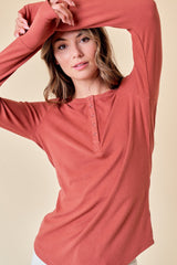 Rust Button Front Soft Knit Long Sleeve Henley Maternity Top