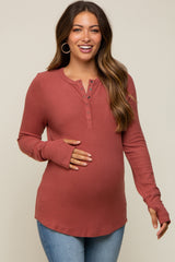 Rust Button Front Soft Knit Long Sleeve Henley Maternity Top