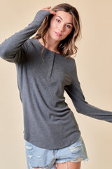 Charcoal Button Front Soft Knit Long Sleeve Henley Maternity Top