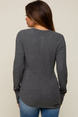 Charcoal Button Front Soft Knit Long Sleeve Henley Maternity Top