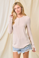 Cream Button Front Soft Knit Long Sleeve Henley Top