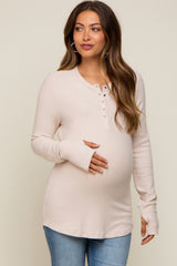 Cream Button Front Soft Knit Long Sleeve Henley Maternity Top