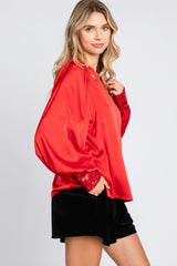 Red Satin Satin Sequin Cuff Blouse