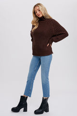 Brown Chunky Knit Mock Neck Sweater