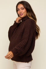 Brown Chunky Knit Mock Neck Maternity Sweater