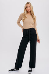 Black Front Seam Sweater Knit Drawstring Maternity Pants