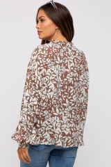 Mocha Leaf Print Button Up Maternity Top