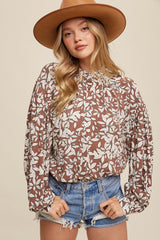 Mocha Leaf Print Button Up Top