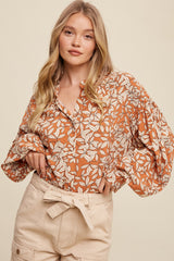 Orange Leaf Print Button Up Maternity Top