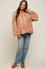 Orange Leaf Print Button Up Maternity Top