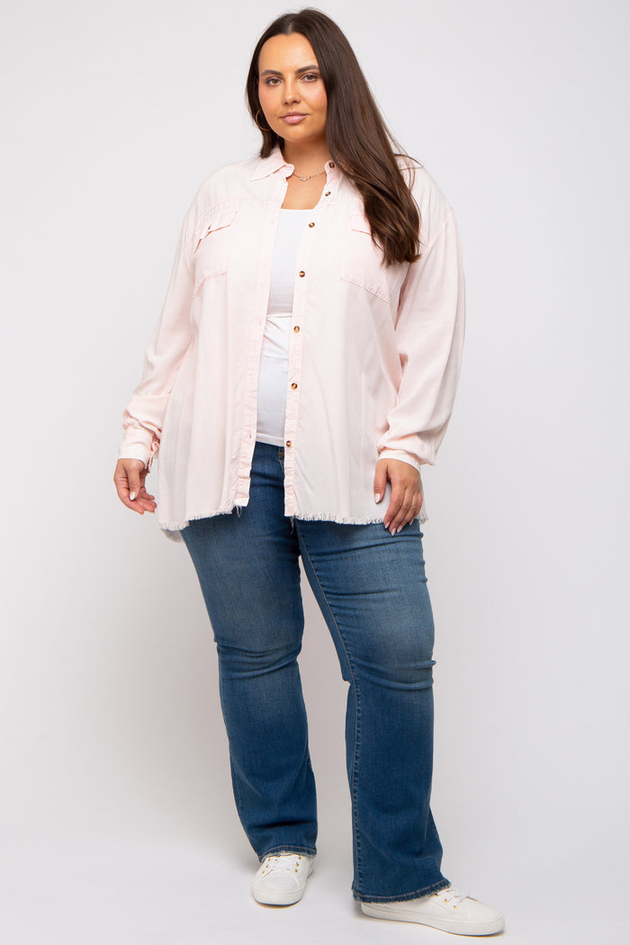 Peach Button Up Fringe Hem Plus Top