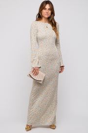 Cream Floral Long Sleeve Open Back Maxi Dress