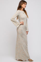 Cream Floral Long Sleeve Open Back Maxi Dress