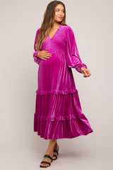 Magenta Velvet Smocked Maternity Midi Dress