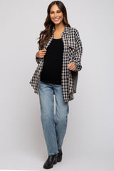 Navy Mixed Plaid Fringe Maternity Button Down Top