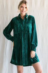 Teal Velour Button Up Dress