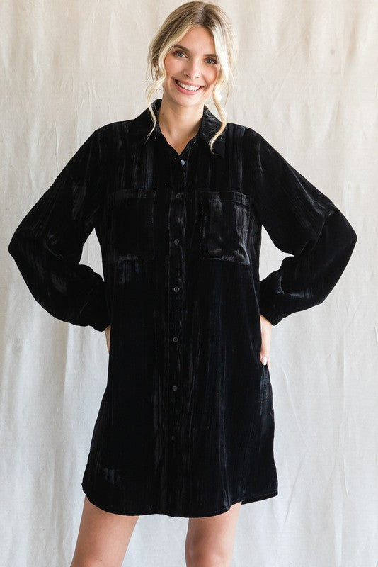 Black Velour Button Up Maternity Dress