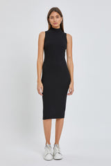 Black Ribbed Fitted Mock Neck Dress