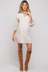 Cream Corduroy Button Front Fringe Hem Maternity Dress