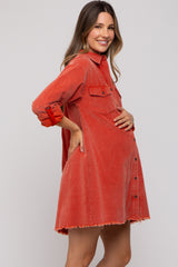 Rust Corduroy Button Front Fringe Hem Maternity Dress