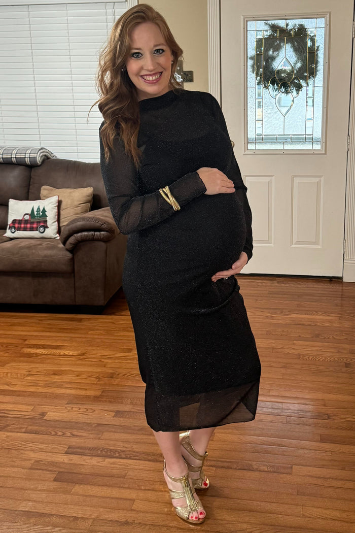 Black Shimmer Mesh Long Sleeve Ruched Maternity Midi Dress
