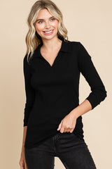 Black Ribbed Collared Long Sleeve Maternity Top