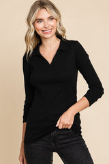 Black Ribbed Collared Long Sleeve Top